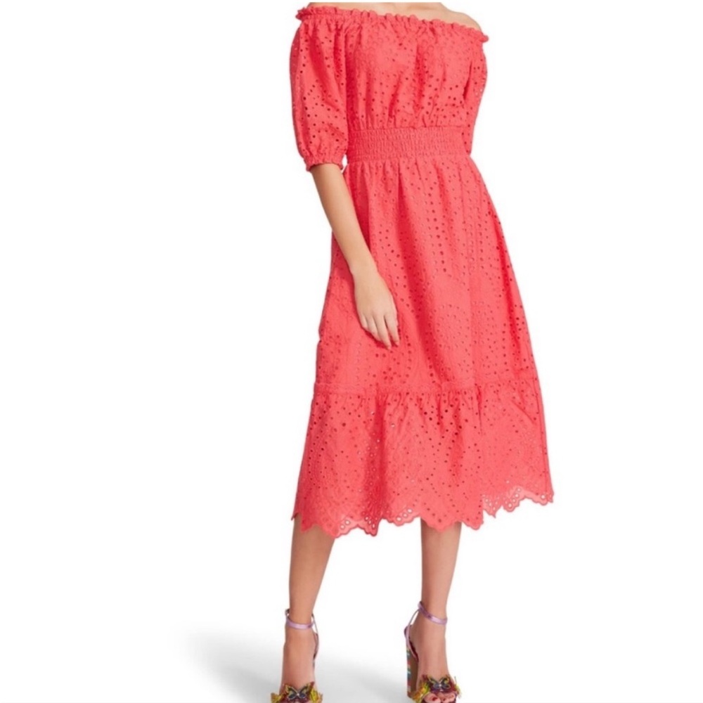 BETSEY JOHNSON Eyelet Off Shoulder Paradise Pink Eyelet Lace Midi Dress
